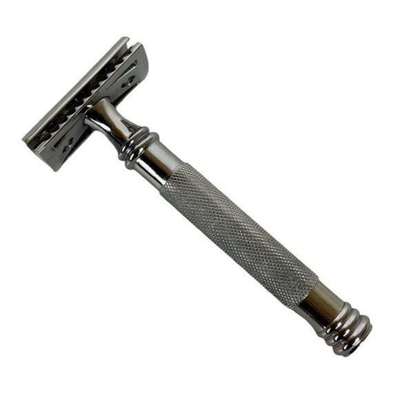 Mens Double Edge Safety Razor Textured Chrome Handle Sleek Design Grooming Tool - Picture 1 of 6
